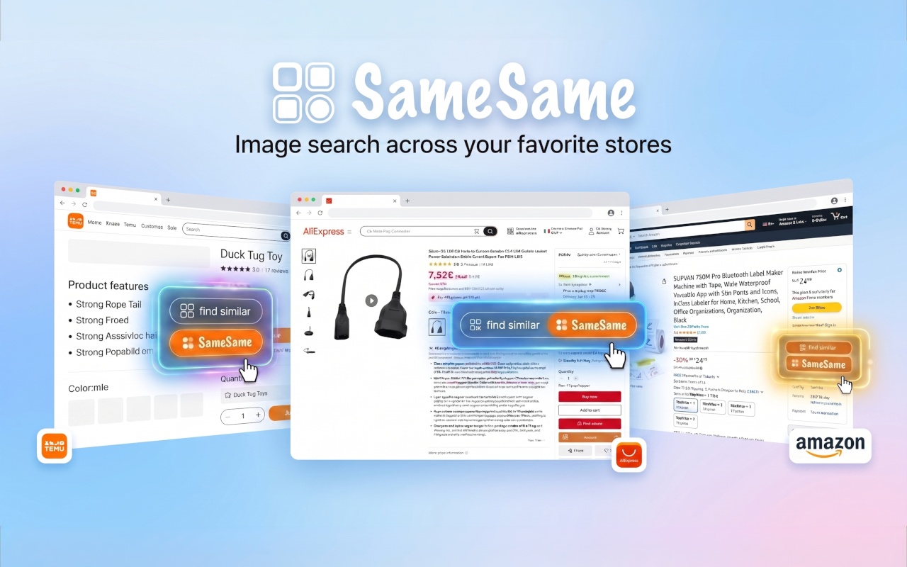 Find similar buttons from SameSame on Temu, AliExpress, and Amazon product pages.