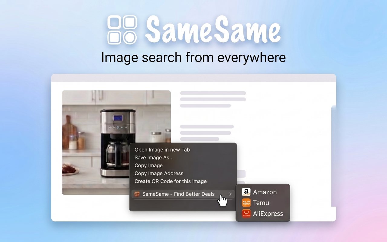 SameSame right-click menu on a product image, with Amazon, Temu, and AliExpress as search destinations.