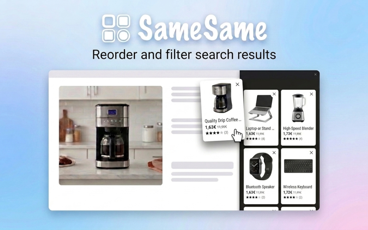SameSame sidebar showing similar product cards that can be reordered and dismissed.